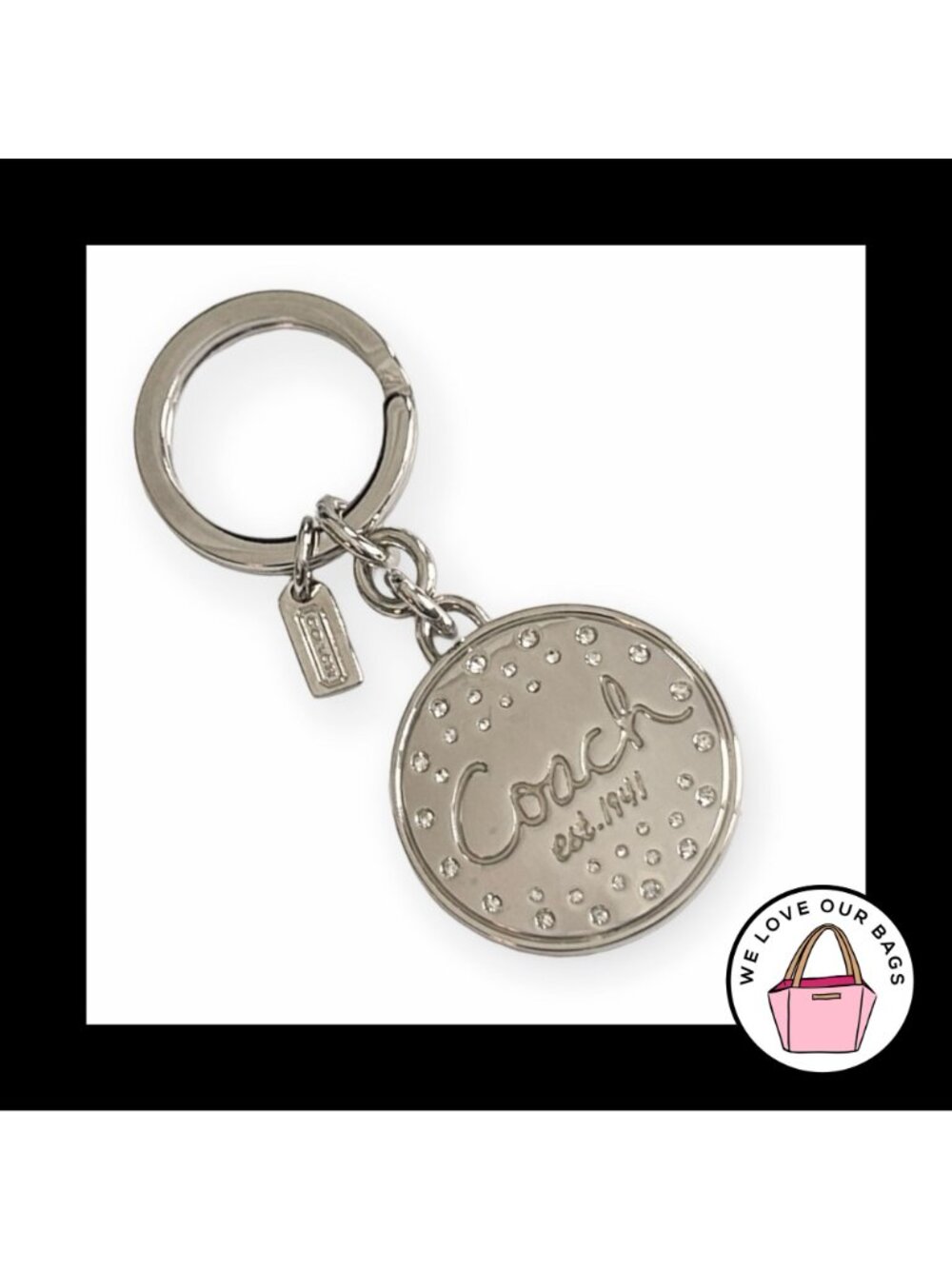 New COACH KEYCHAIN Pave Crystal Golf Ball Silver Nickel Bag Charm Hang Tag Fob - Picture 3 of 4